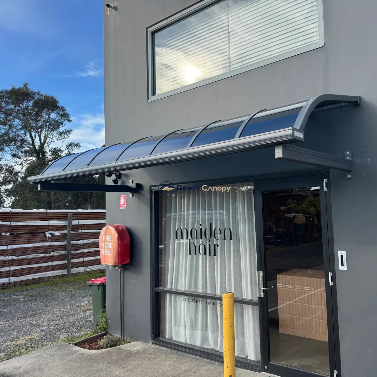 Aluminium Frame Awning - Grey — corner and mounting detail