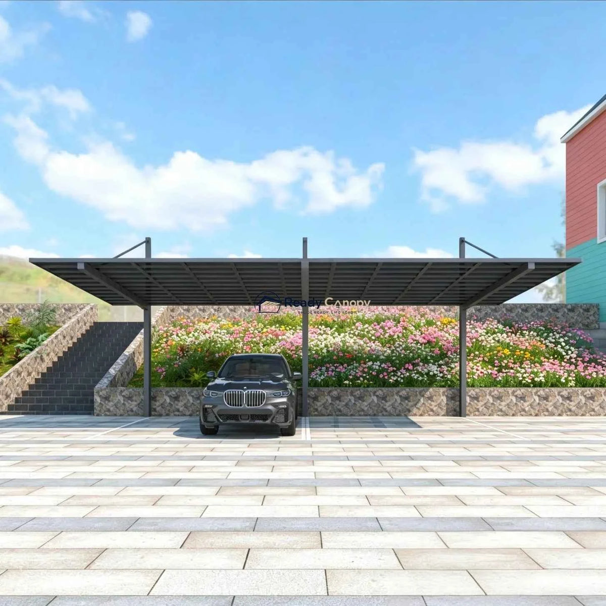 Back-Pull Cantilever Double Carport - Grey