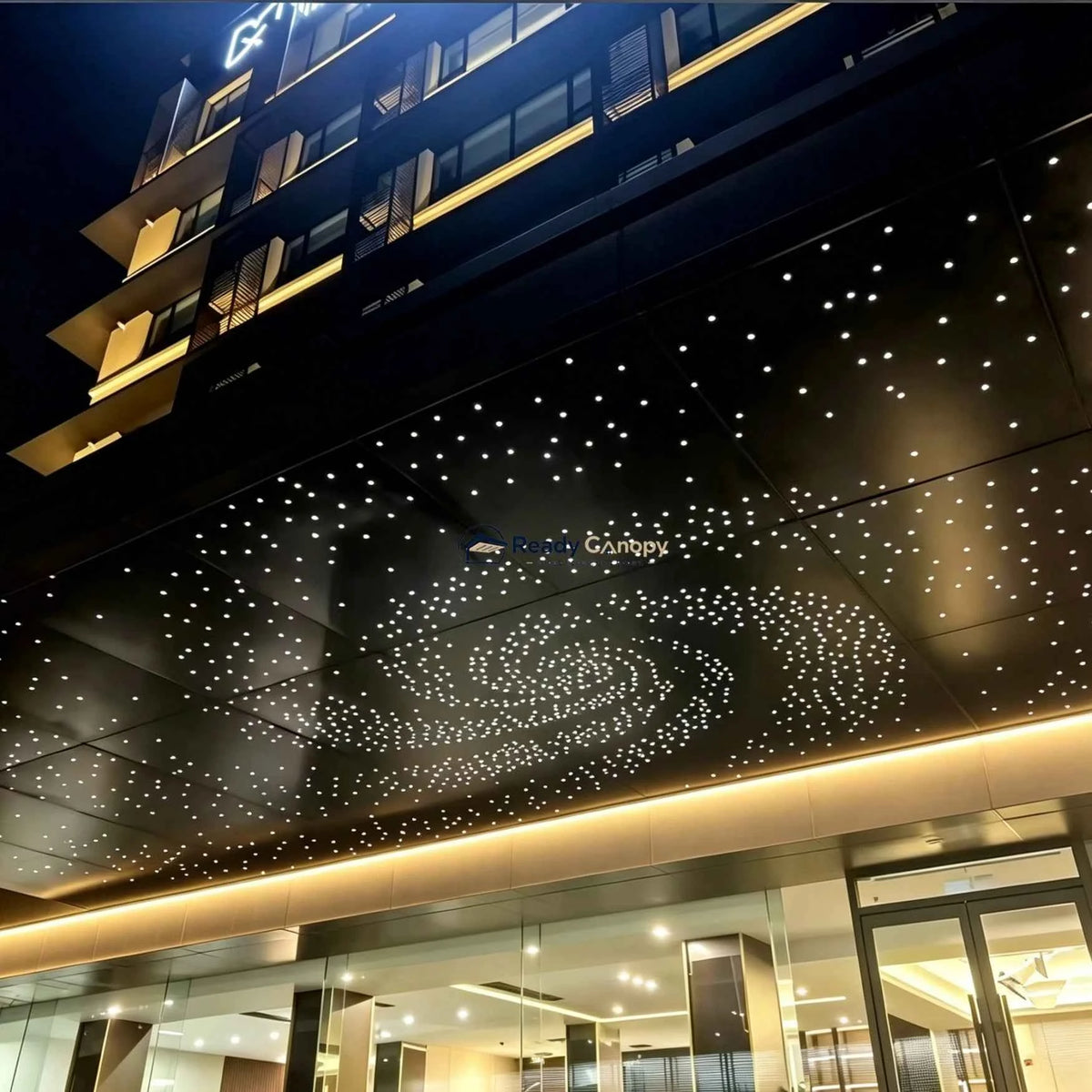 Custom Commercial Aluminum Solid Panel Canopy with Fiber Optic Starry Sky Effect - Ready Canopy