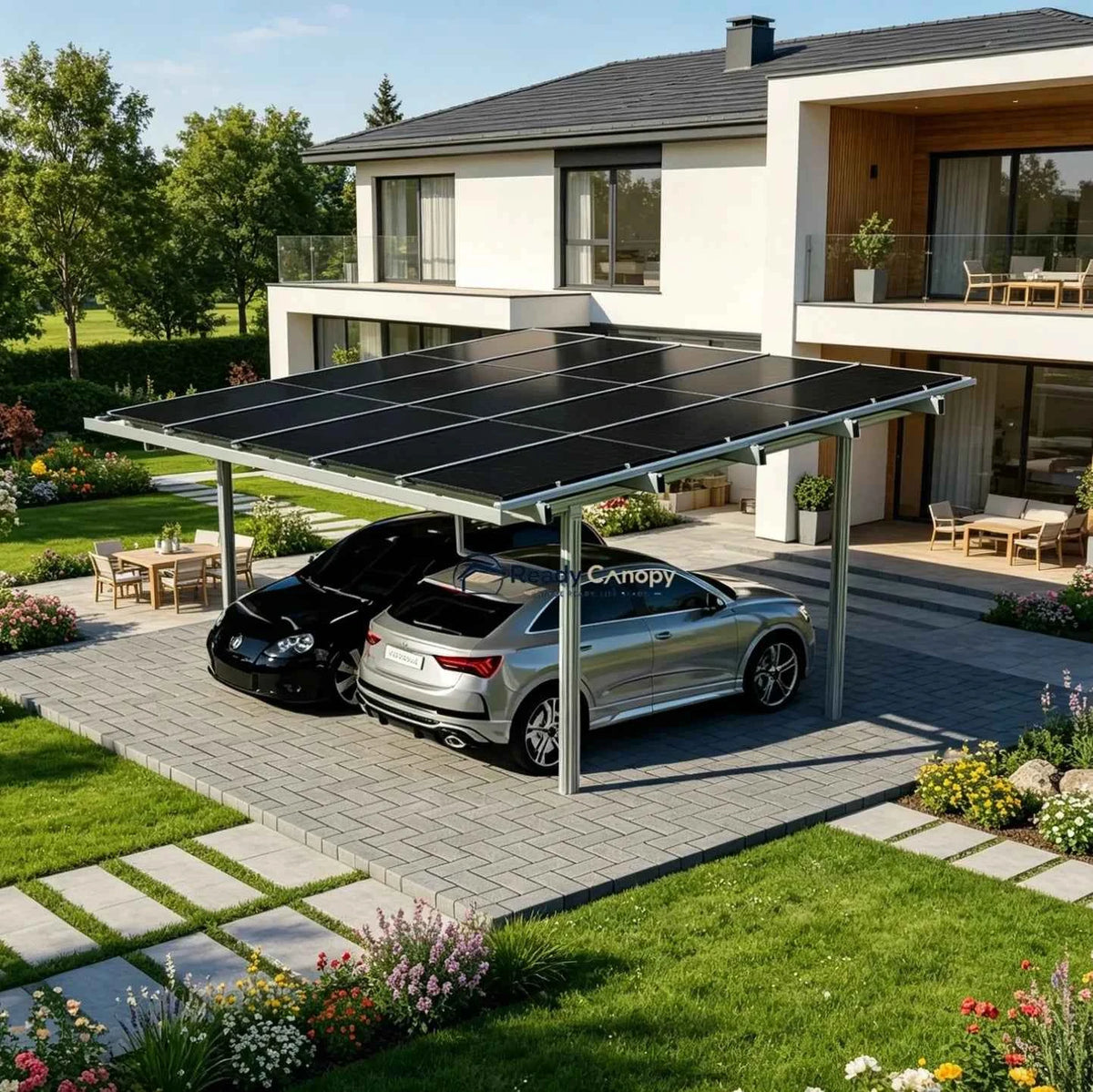 Double Solar Carport Kit Silver – Includes 15 Solar Modules 6 kW Inverter(Optional Battery Storage & Wallbox) - Ready Canopy