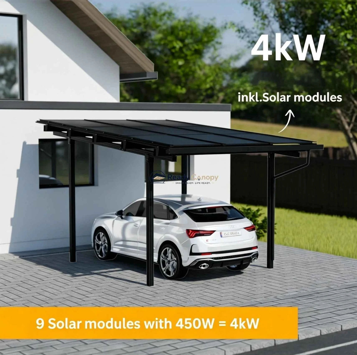 Single Solar Carport 4kW Kit Black with 9 Solar Panels & Inverter(EV Charger & Battery Storage Options) - Ready Canopy