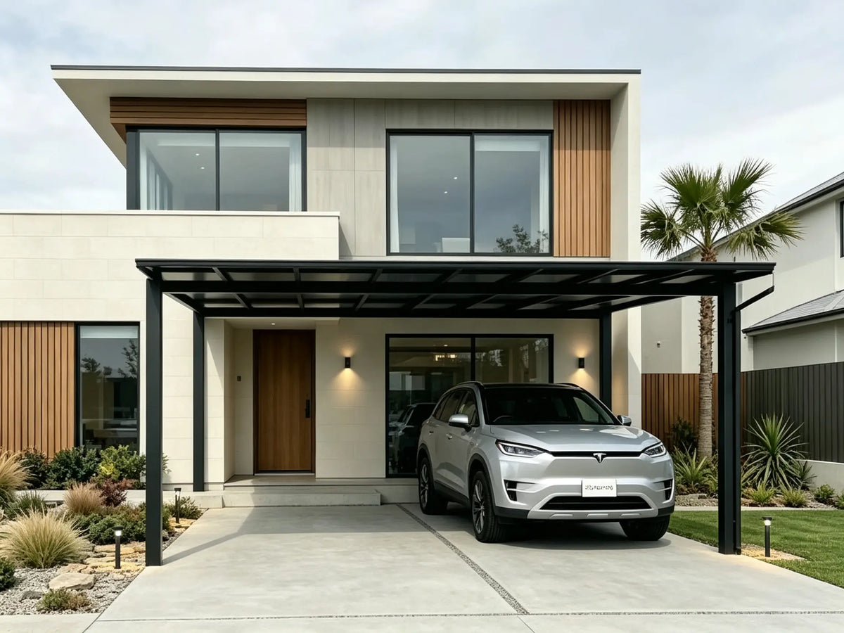 modern outdoor shade structure installed beside a residential home