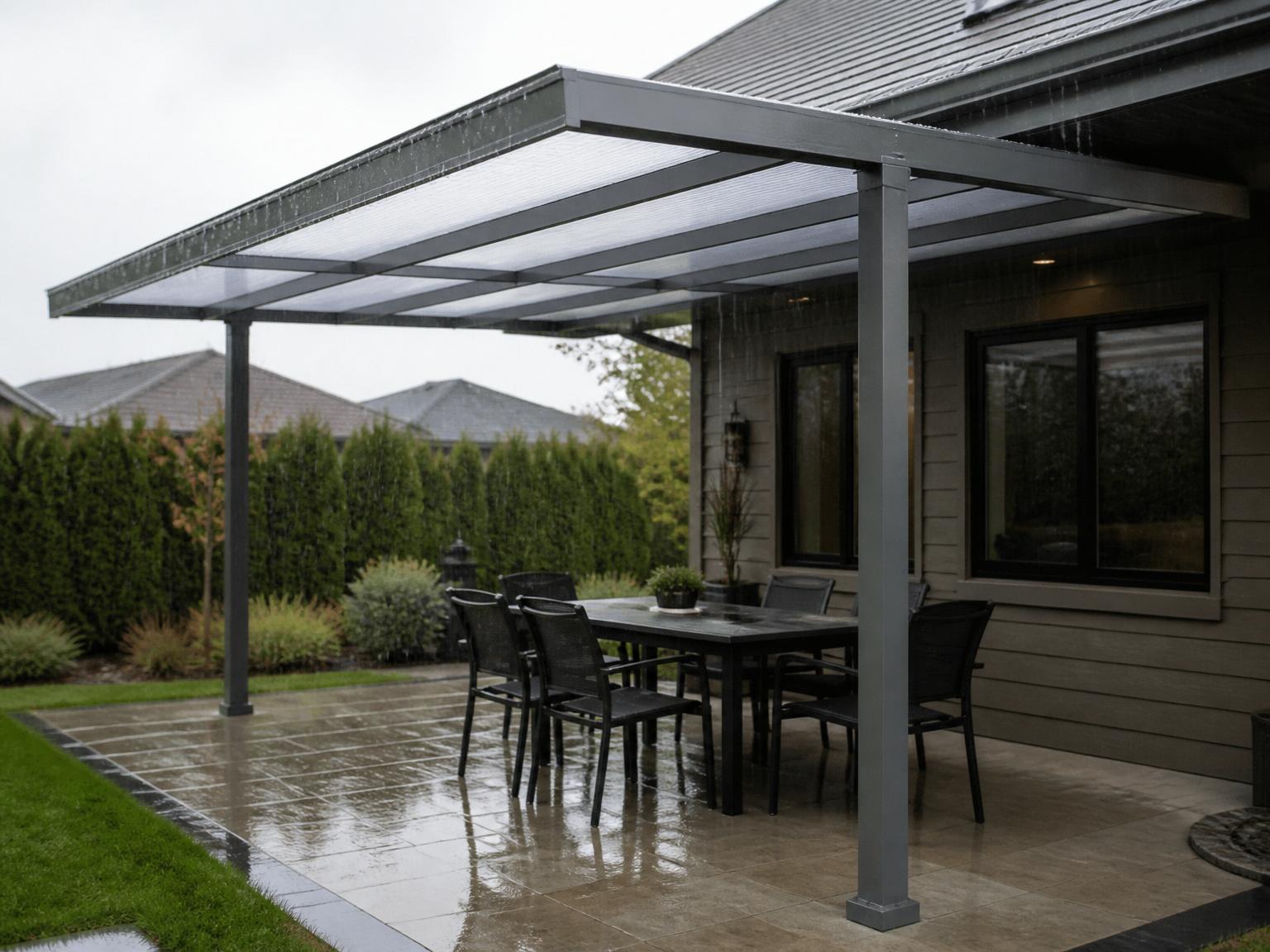 Modern backyard with a grey aluminum patio cover kit and translucent polycarbonate roof panels