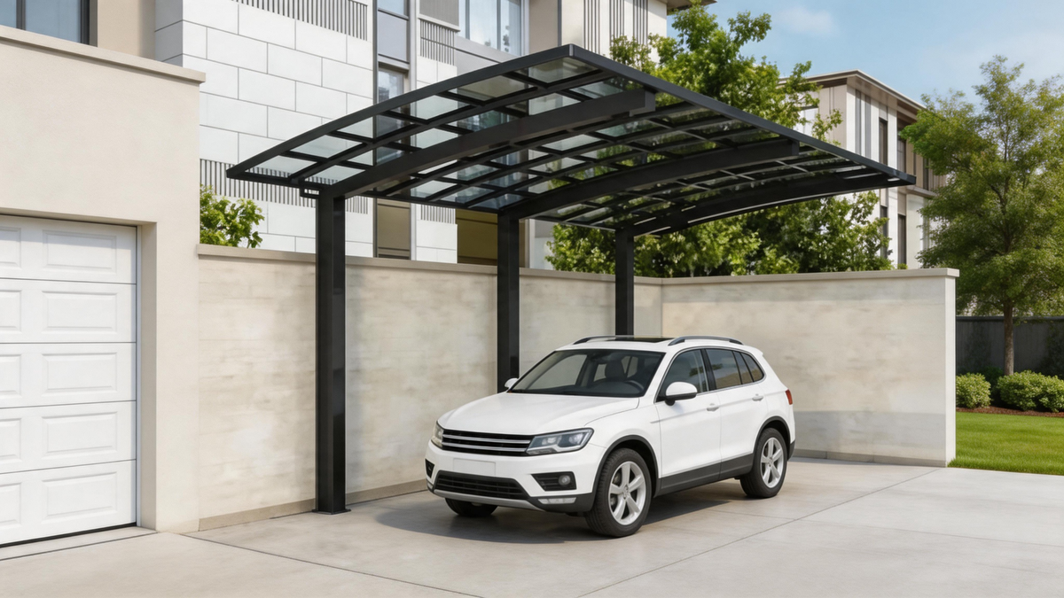 Aluminum cantilever carport sheltering an SUV on a residential driveway