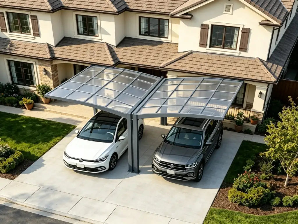 Modern aluminum carport sized for two vehicles on a residential driveway