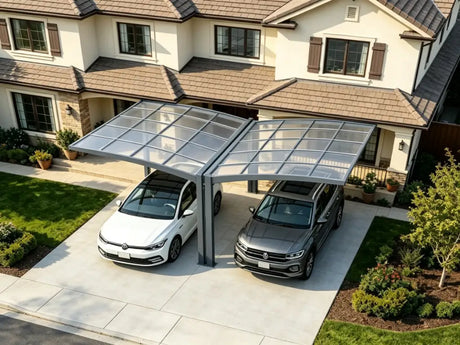 Modern aluminum carport sized for two vehicles on a residential driveway