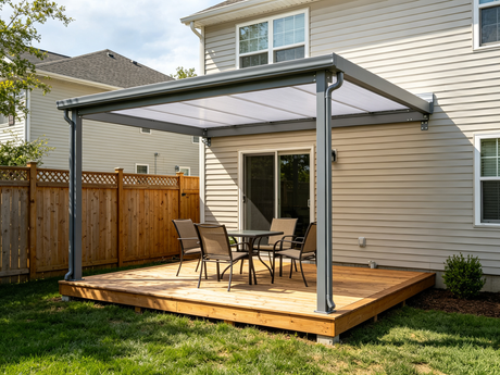 Grey aluminum patio cover kit installed over a backyard patio