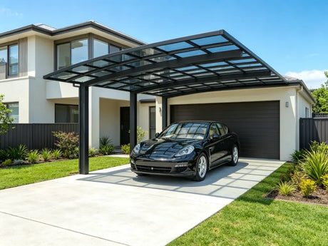 modern transparent roof aluminum carport installed beside a suburban home driveway