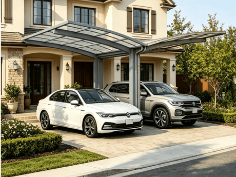 Modern aluminum carport installed on a residential driveway