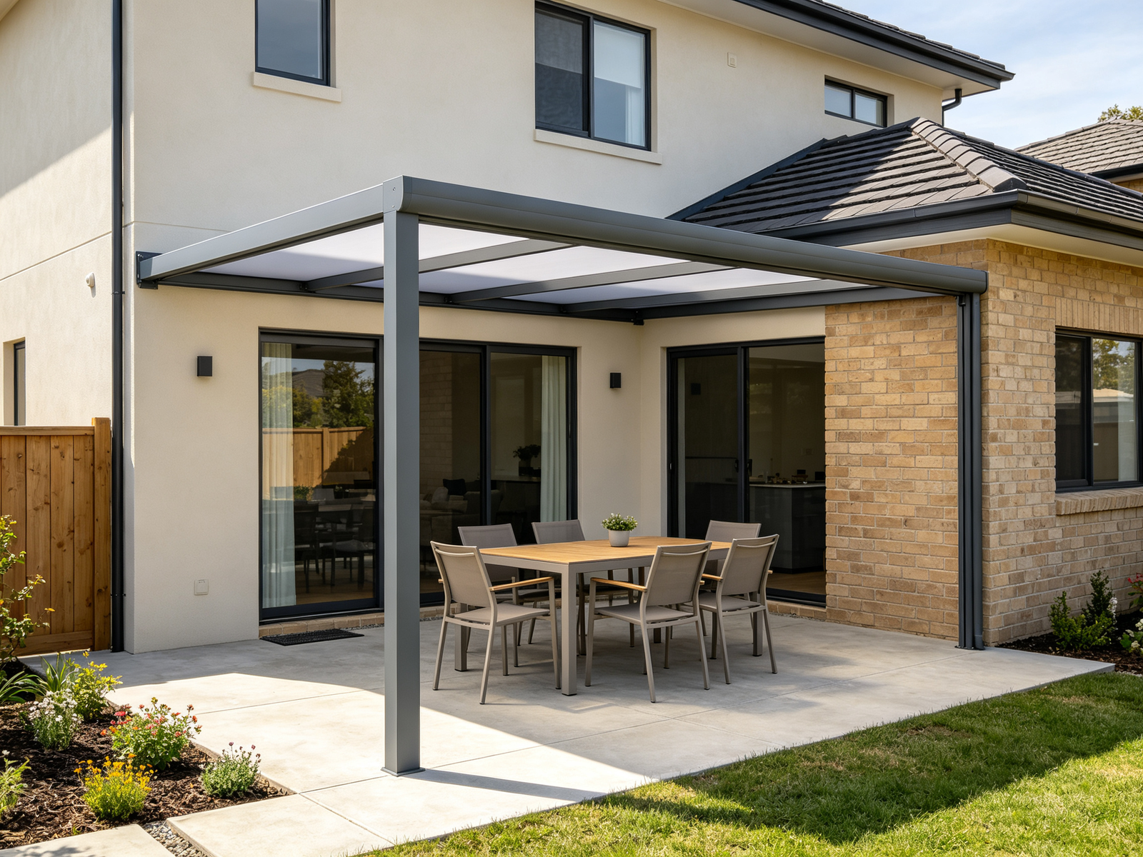 Patio cover kits with aluminum frame and different roof options for a backyard