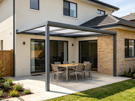 Patio cover kits with aluminum frame and different roof options for a backyard