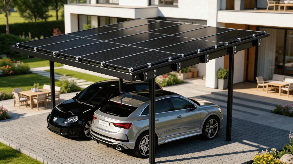 Residential solar panel carport sheltering two cars on a driveway
