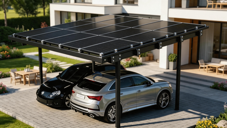 Residential solar panel carport sheltering two cars on a driveway