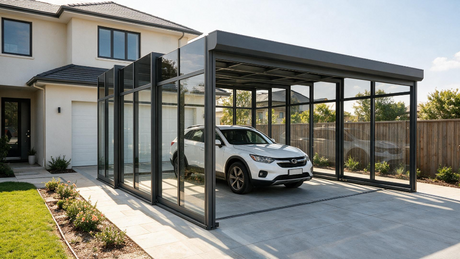 Retractable carport kit providing flexible shade for a residential driveway