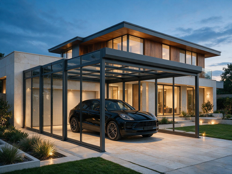 Modern retractable glass carport installed on a residential driveway