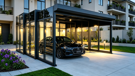 Retractable carport kit installed over a residential driveway