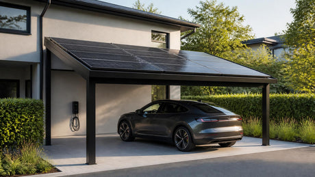 Modern solar carport kit with solar panels and electric vehicle underneath