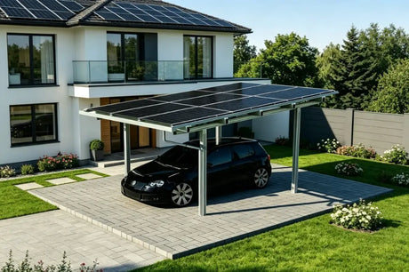 solar charging canopy providing shade for an electric vehicle on a modern driveway