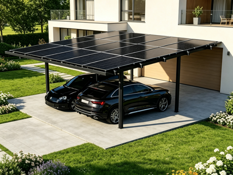 Solar carport kit installed over a residential driveway