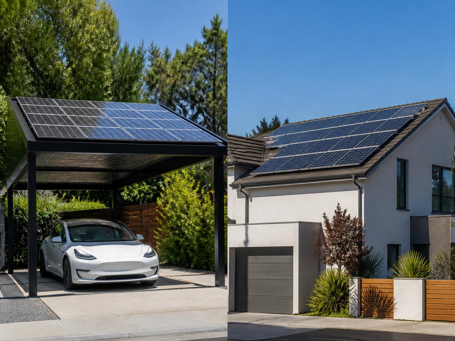 Solar carport compared with rooftop solar panels for a modern home