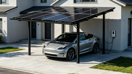 Solar carport with EV charging setup for a home driveway