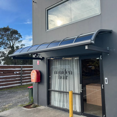 Aluminium Frame Awning - Grey — corner and mounting detail