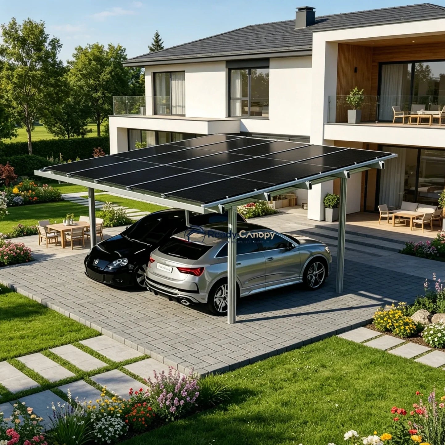 Double Solar Carport Kit Silver – Includes 15 Solar Modules 6 kW Inverter(Optional Battery Storage & Wallbox)
