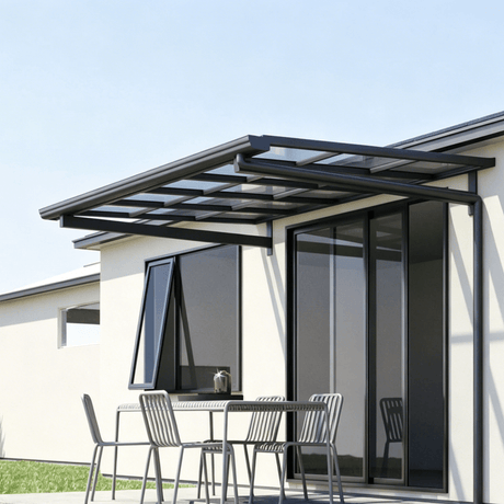 L Shape Awning Grey — full structure view