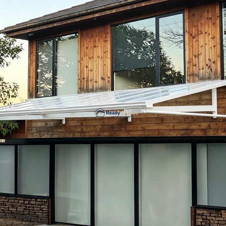 L Shape Awning White — corner and mounting detail