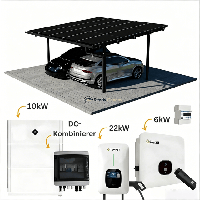 Double Solar Carport Kit Black – Includes 15 Solar Modules 6 kW Inverter(Optional Battery Storage & Wallbox) - Ready Canopy