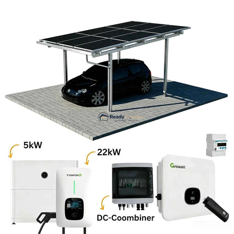 Single Solar Carport 4kW Kit Silver with 9 Solar Panels & Inverter(EV Charger & Battery Storage Options) - Ready Canopy